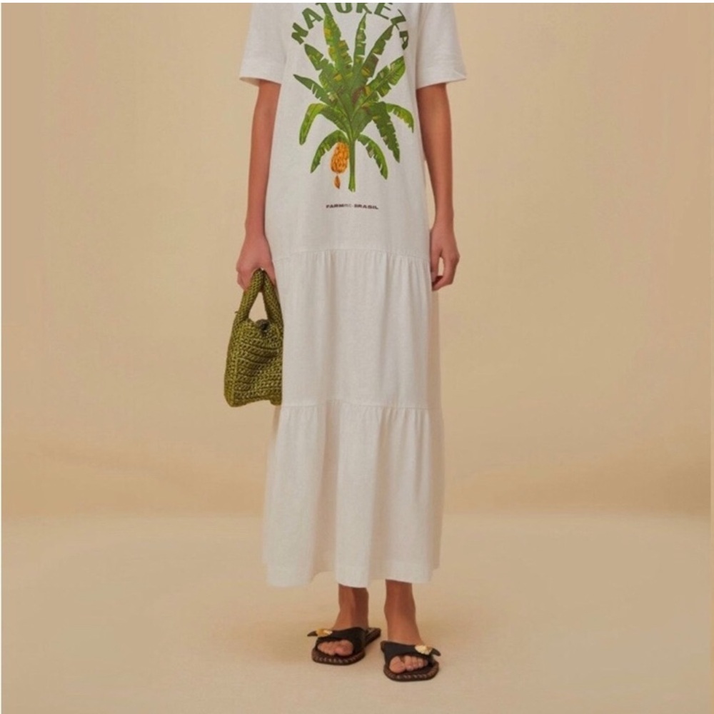 White Maxi Dress with Green Palm Print XL